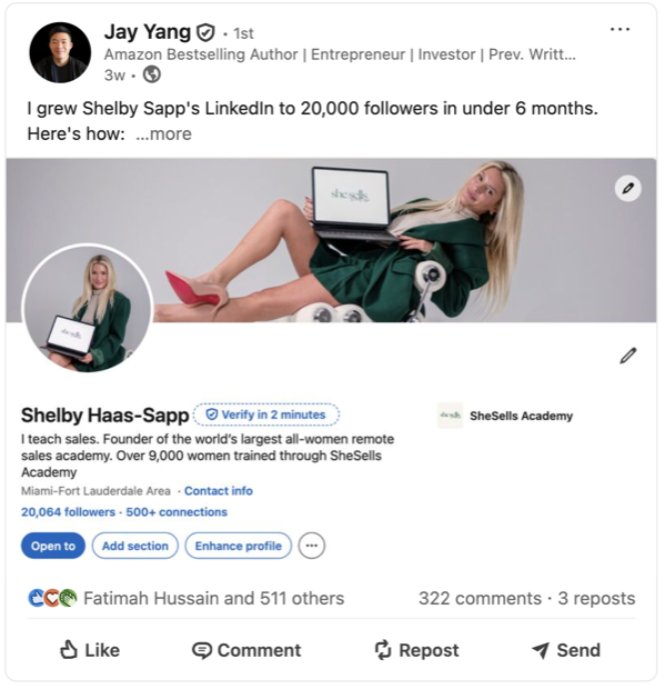Jay Yang post: grew a client to 20,000 followers