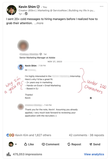 Kevin Shim post that inspired thousands of job seekers