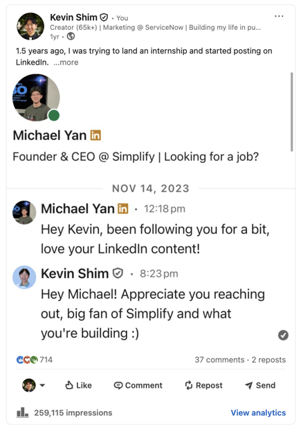 Kevin Shim post that led to a job offer